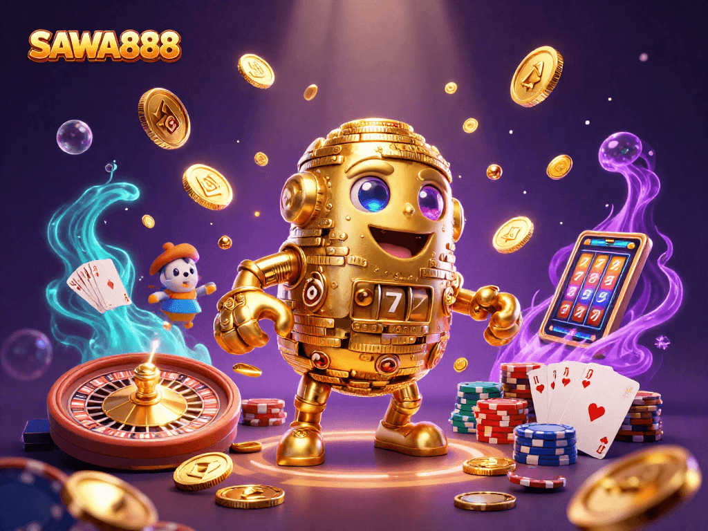 Spin to win with SAWA888's golden golem surrounded by vibrant casino elements, showcasing excitement.