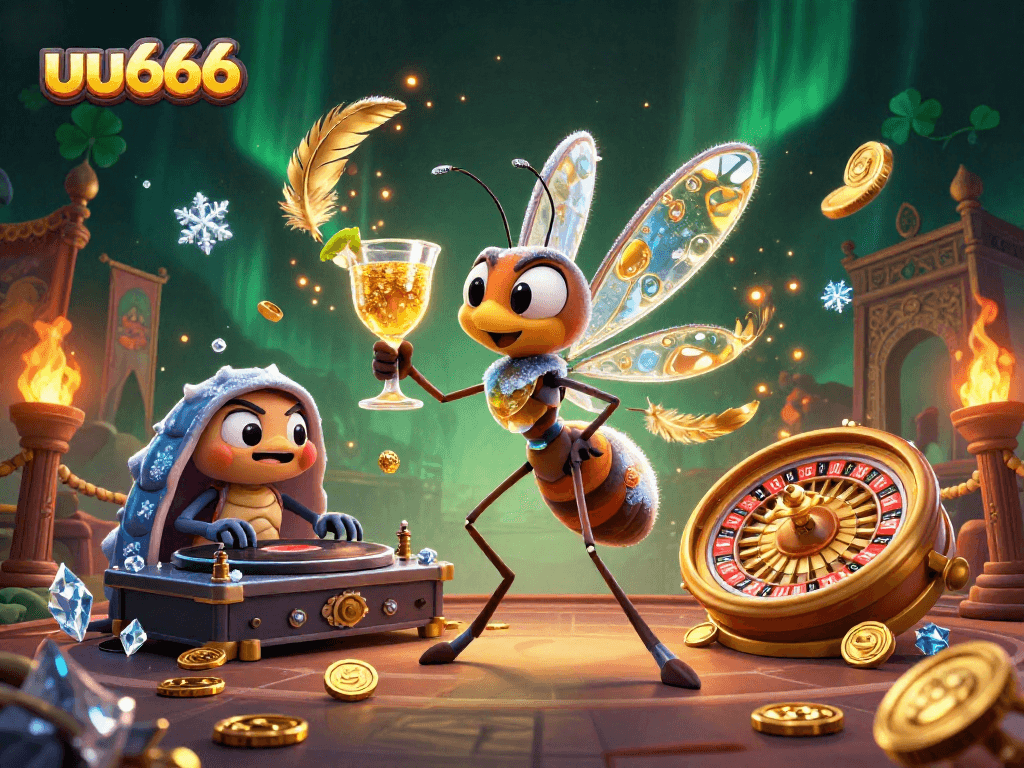 uu666 showcases a vibrant casino scene with a mosquito mascot, trilobite DJ, and ammonite roulette wheel.