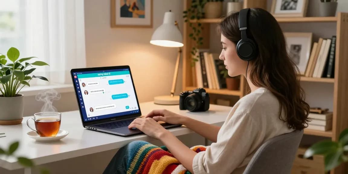 Cozy home office scene featuring a user interacting with spicy chat ai on a laptop, showcasing engagement with technology and creativity.