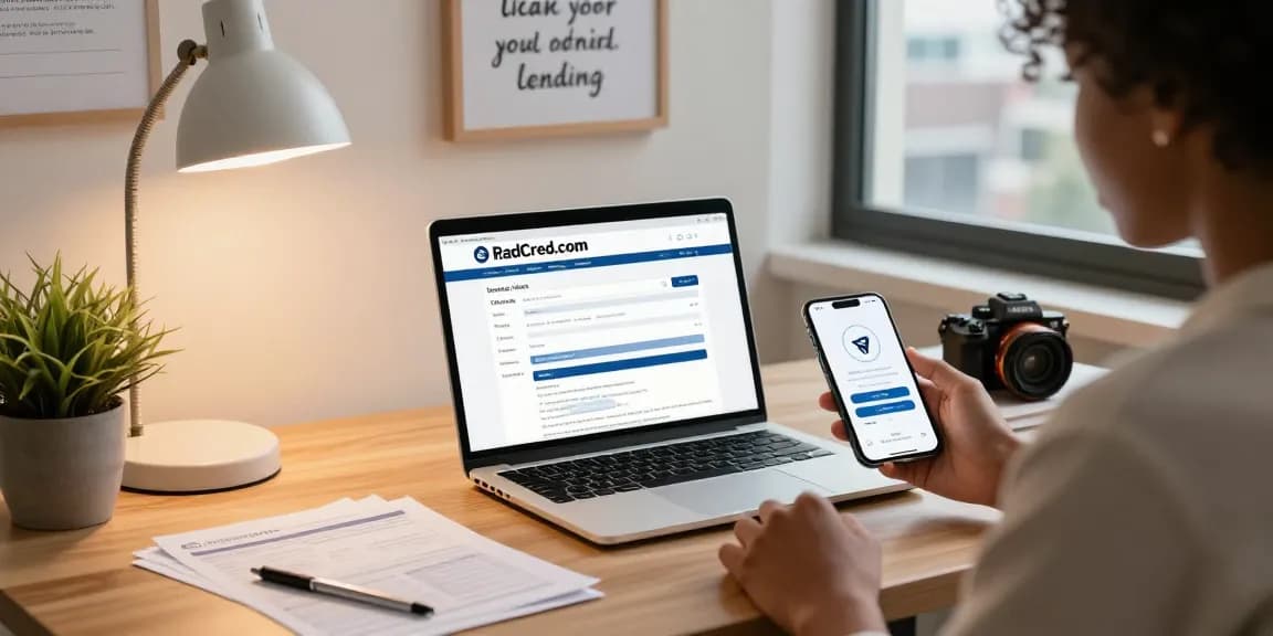 Person using RadCred.com for online loan application in a stylish home office.
