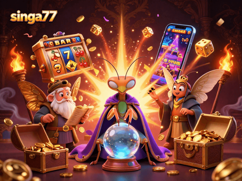 Experience a thrilling gaming adventure with singa77's vibrant 3D casino scene, showcasing animated fortune teller elements.