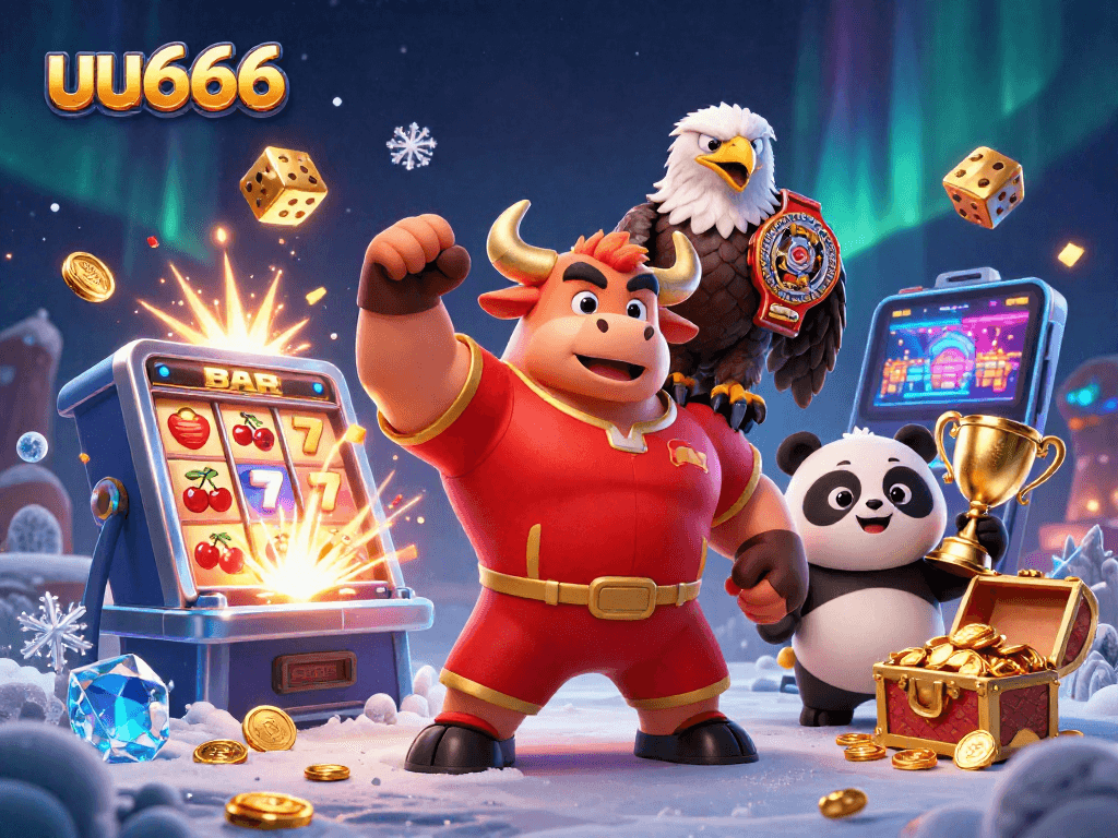 uu666 celebrates big wins with an energetic scene featuring a muscular bull mascot, an eagle, and a panda amidst casino games.