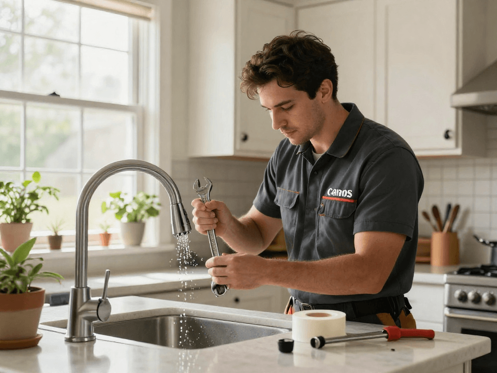 Professional plumber Fort Worth fixing faucet in a cozy kitchen.