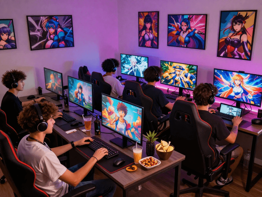 Explore exciting hentai games with diverse players in a vibrant gaming setup