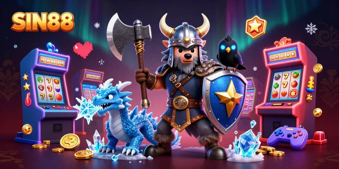 Join the action at SIN88 with a Viking warrior and dragon in this vibrant casino-themed illustration.