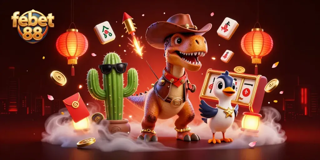 Experience thrilling gaming action at febet 88 with unique characters in a vibrant casino scene.