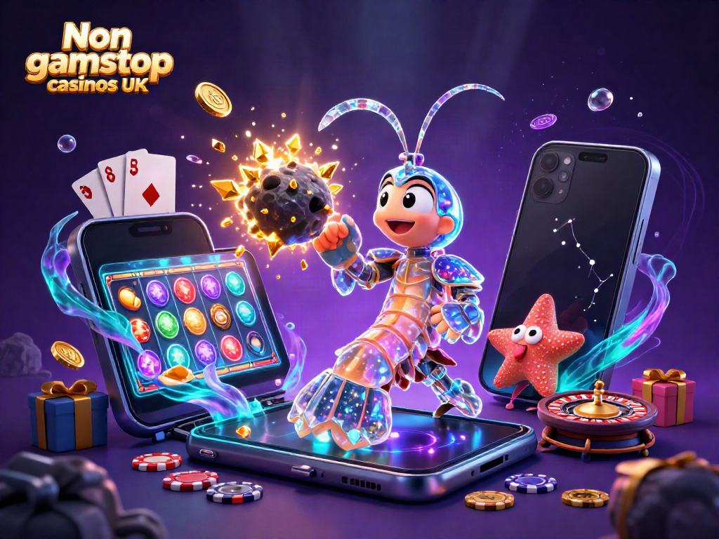 Engage with Non gamstop casinos UK through a vibrant 3D illustration of gaming elements and characters.
