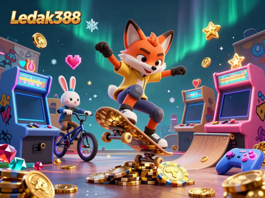 Engage with the exciting experience of Ledak388 as characters perform stunts above vibrant casino-themed elements.