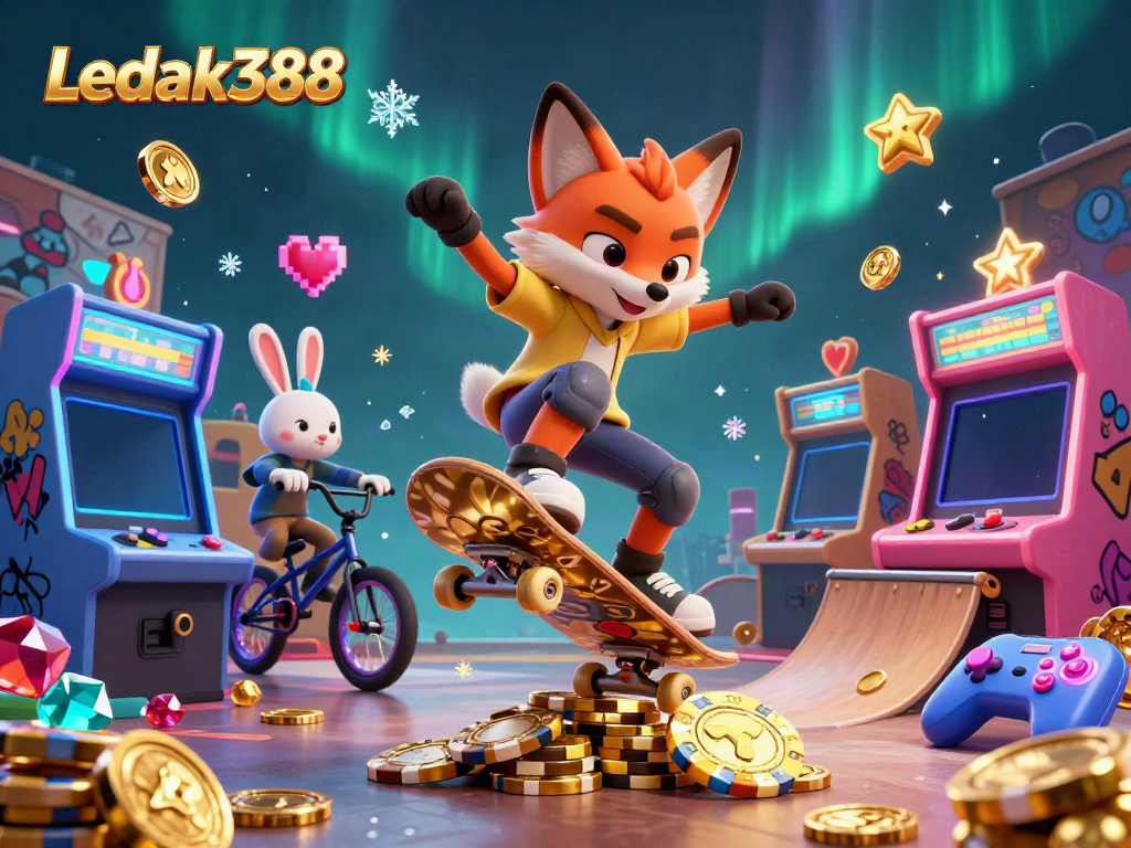 Engage with the exciting experience of Ledak388 as characters perform stunts above vibrant casino-themed elements.