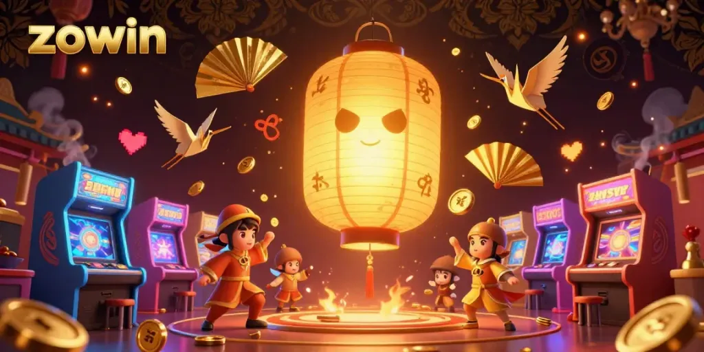 Zowin casino scene with a giant golden lantern spirit, paper fan warriors, and arcade elements enhancing the gaming experience.