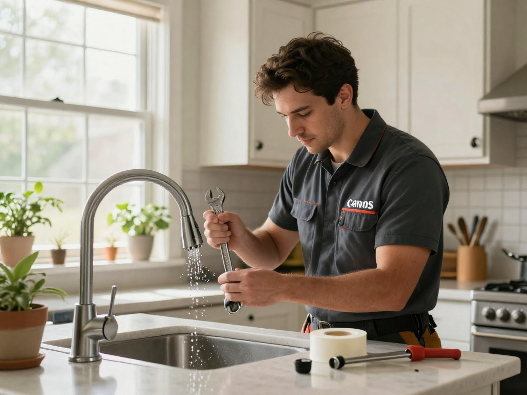 Professional plumber Fort Worth fixing faucet in a cozy kitchen.