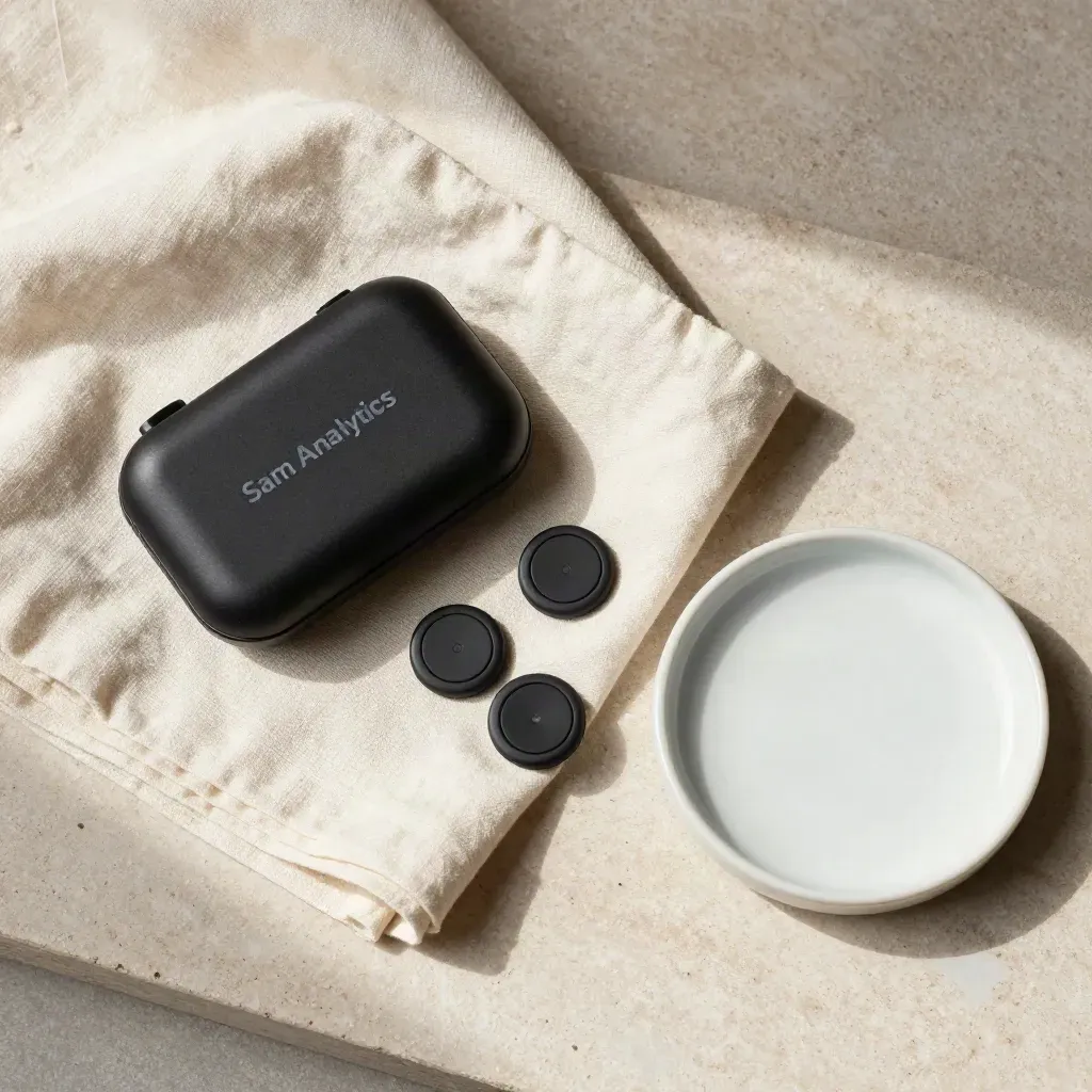 Overhead flatlay of a black health-check kit with three sensor pucks, linen and a ceramic dish.