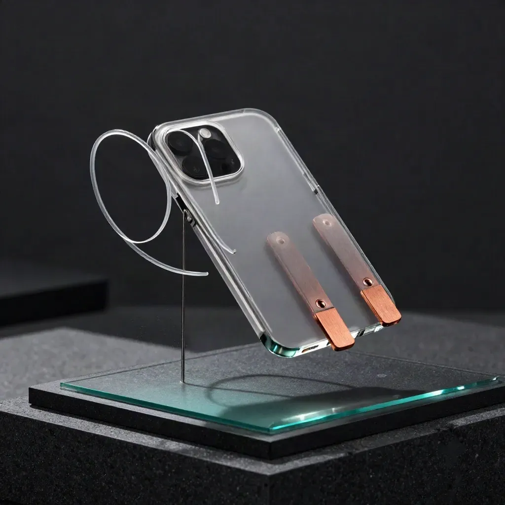 Acrylic routing model with cable loops, copper spacers and a phone tile on a dark studio plinth.