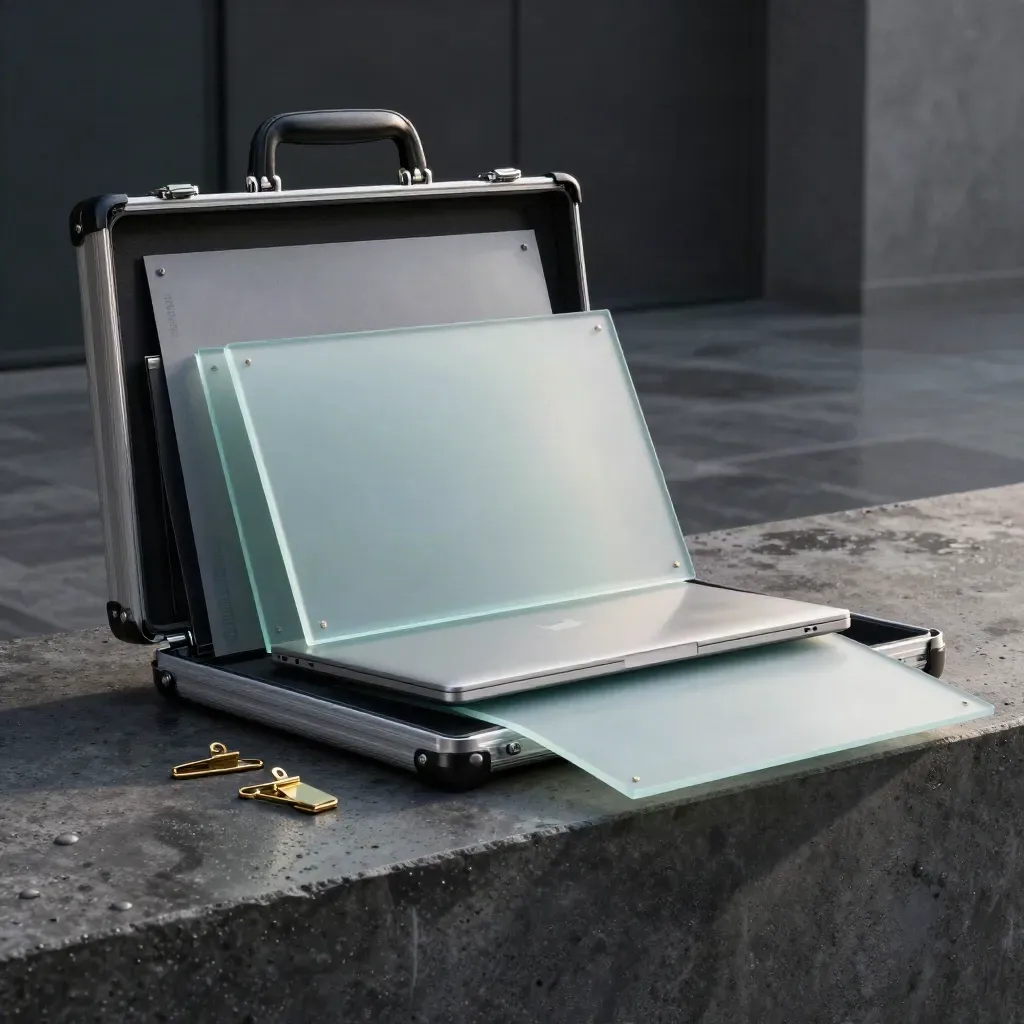 Open graphite audit briefcase with GA4 sprint kit on damp concrete at dawn.