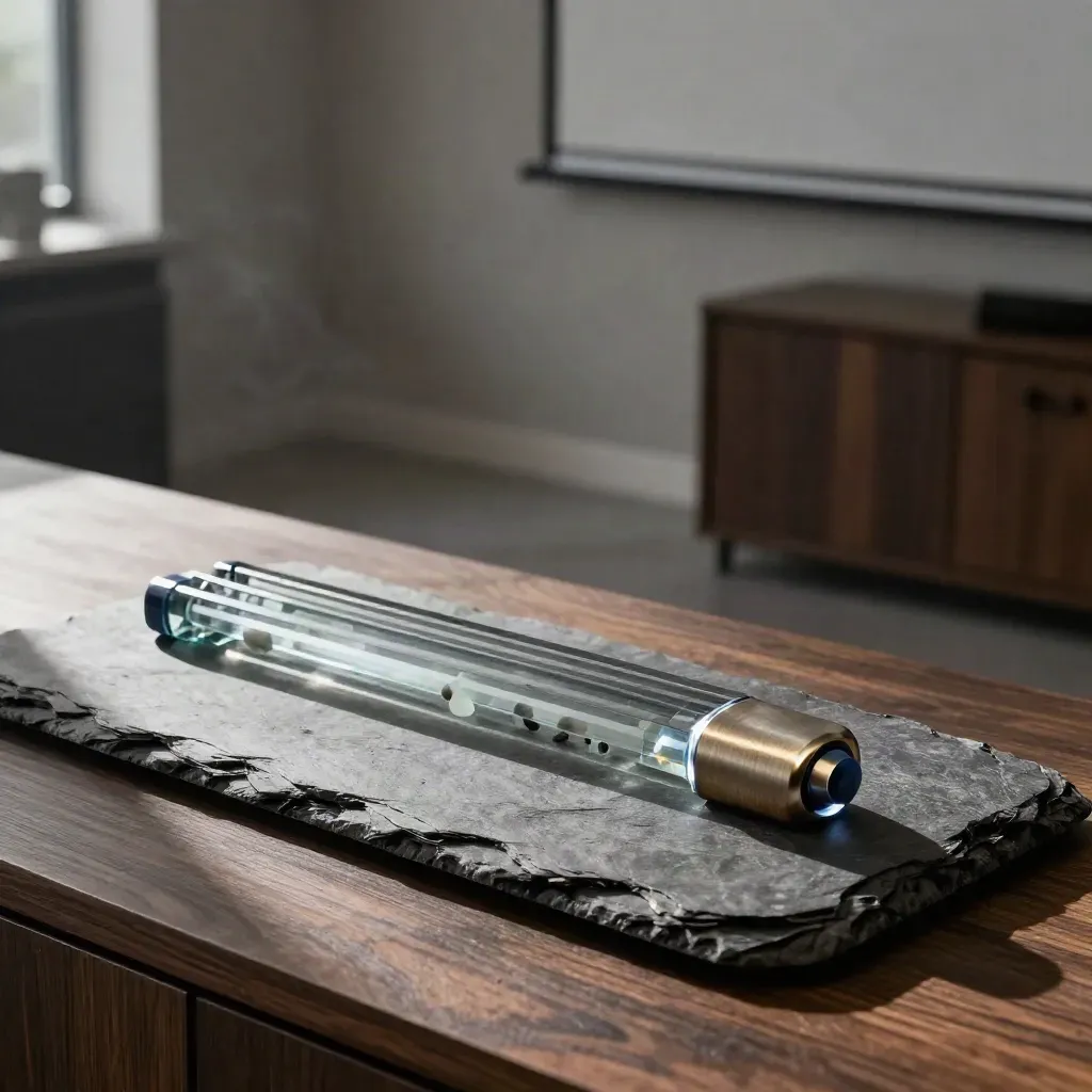 Slate analytics sculpture with glass channels converging to a brushed-metal node on a dark plinth.