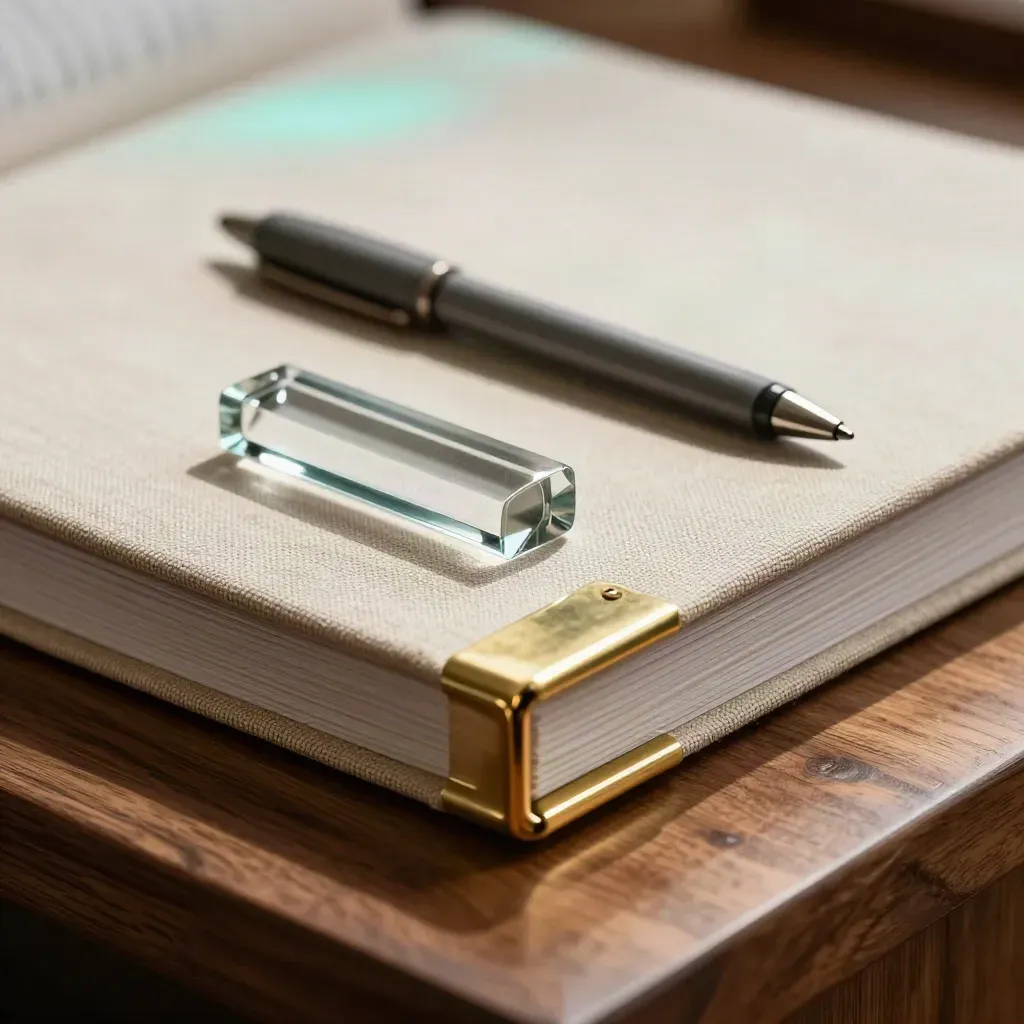 Linen folio with brass clip, glass weight and stylus in warm raking light.