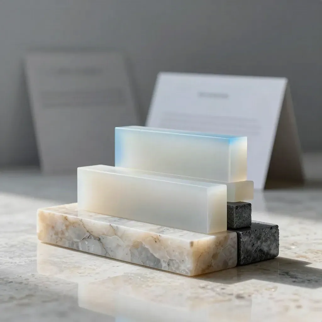 Translucent forecast blocks on travertine with a graphite weight and soft blue glow.
