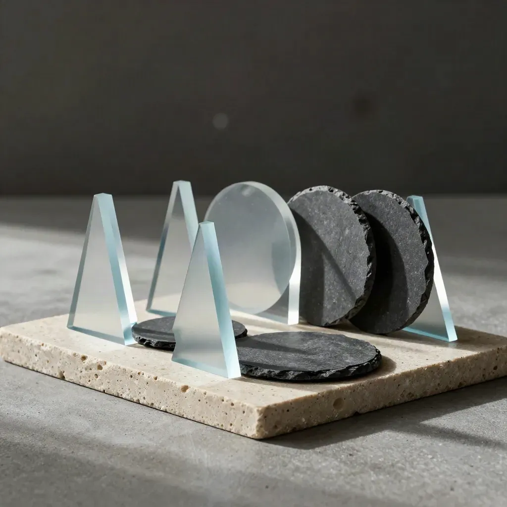 Overhead flatlay of acrylic chart prisms and stone discs on concrete, lit with blue side flare.