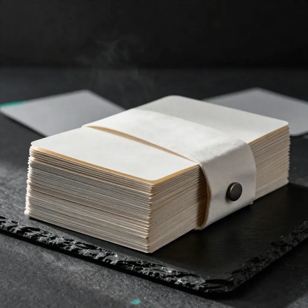 Blank cards, cloth sleeve and graphite clip on a dark slate surface in dramatic studio light