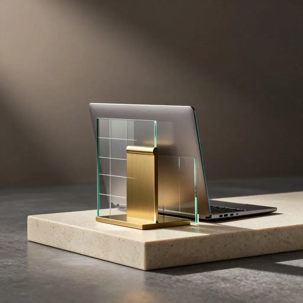 Glass dashboard kit with closed laptop and brass stand on travertine, teal glow and dust.