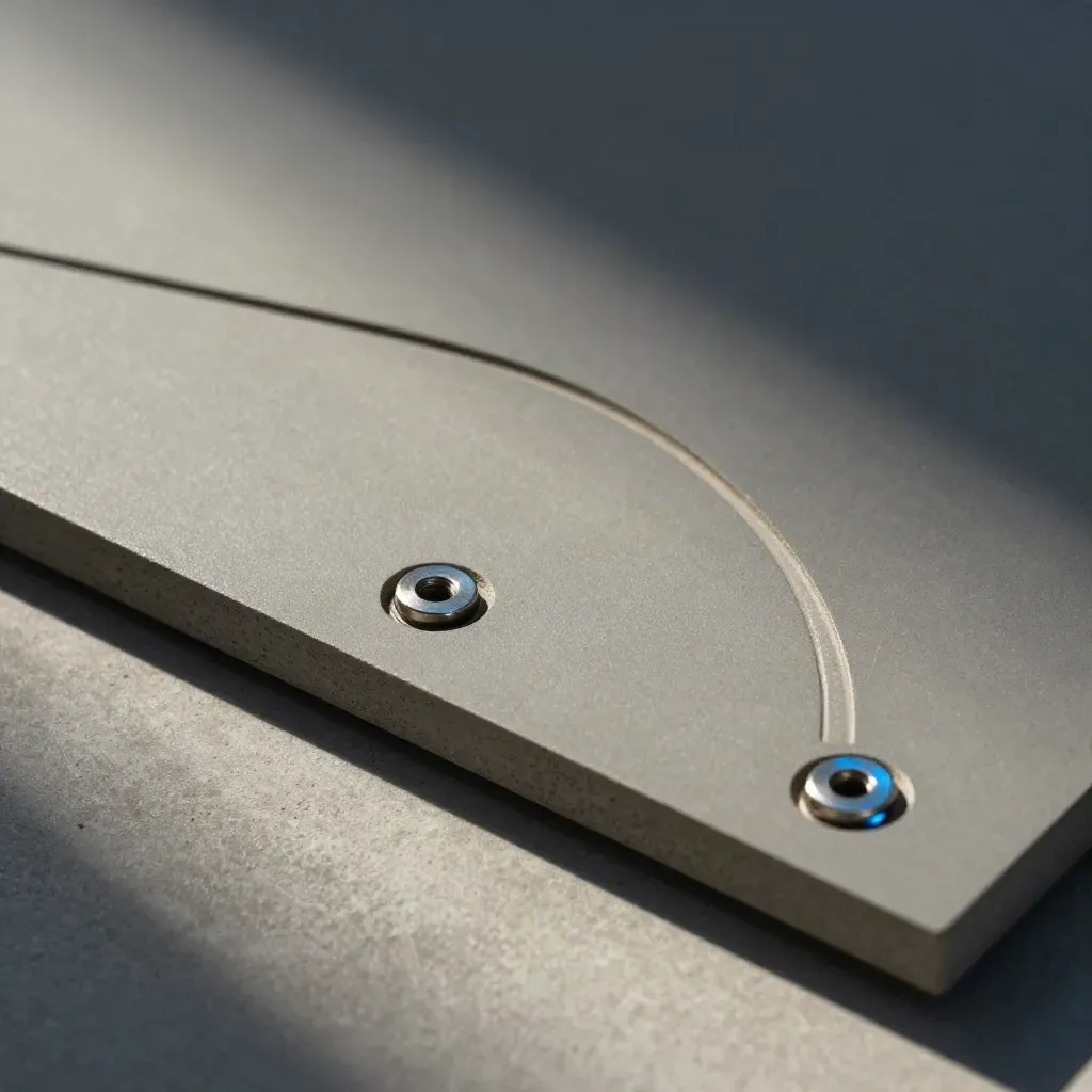 Macro of a matte analytics tile with a routing arc and three connector discs on brushed concrete.