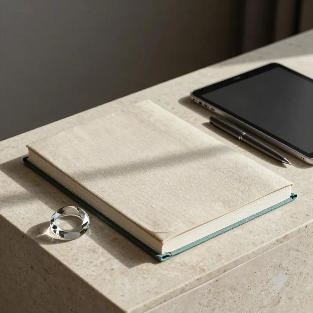 Linen KPI reporting folio, glass weight, stylus and closed tablet on travertine in soft daylight.