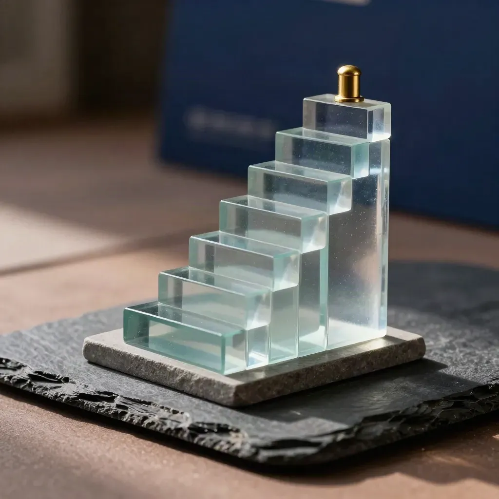 Translucent forecast blocks and brass marker on matte stone in a dark hazy studio hero shot.