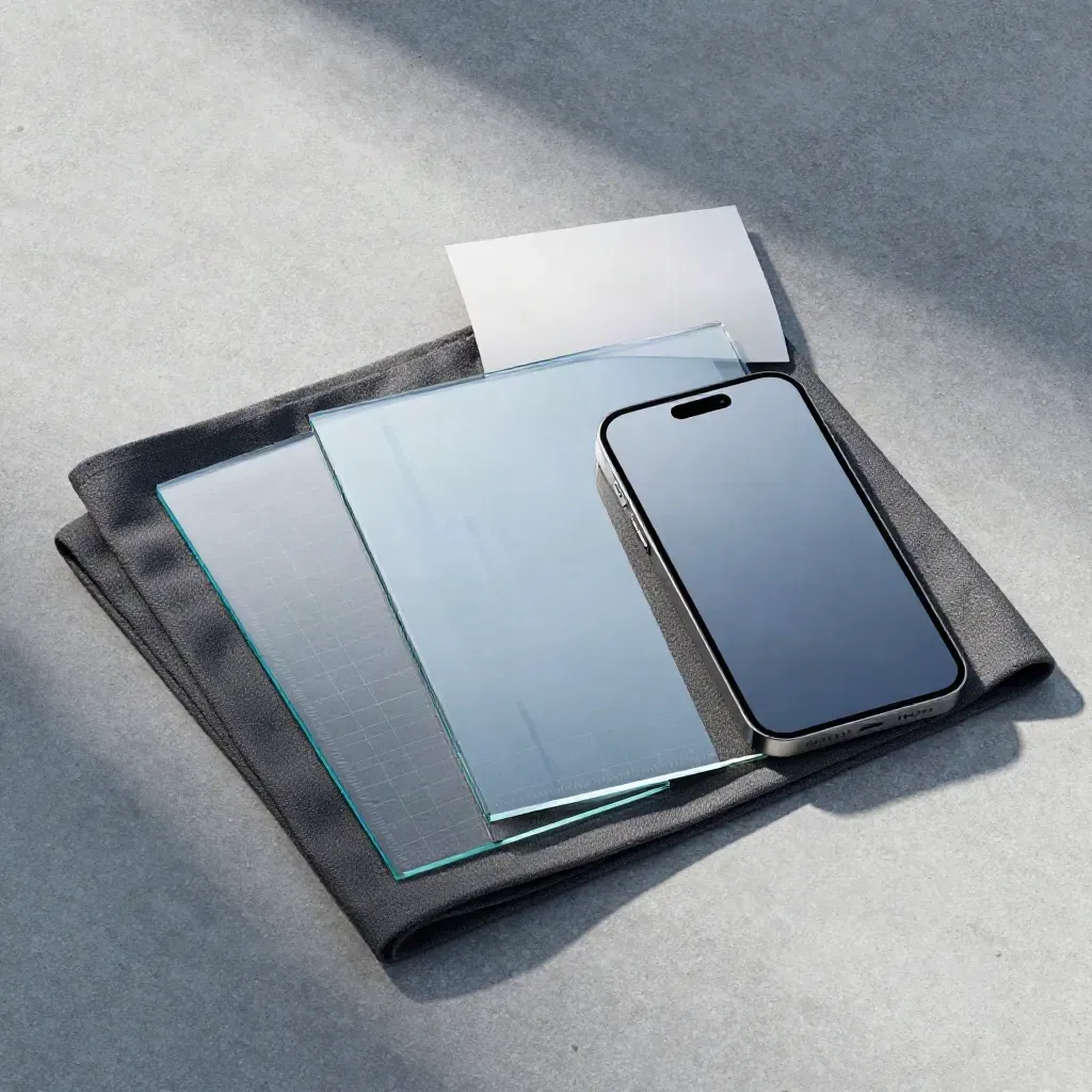 Overhead flatlay of glass dashboard panels, cloth, and a blank mobile frame on concrete.