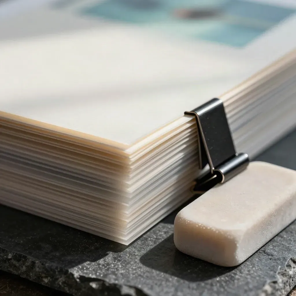 Macro of translucent data sheets, graphite clip and pale block on dark stone