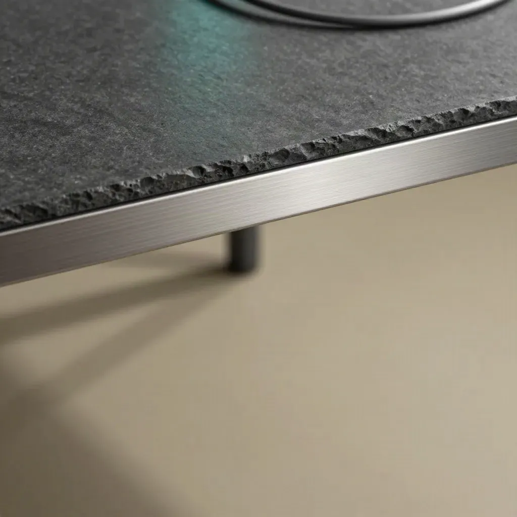 Graphite stone surface with brushed metal strip, cable loop, and teal reflection, lit from above.