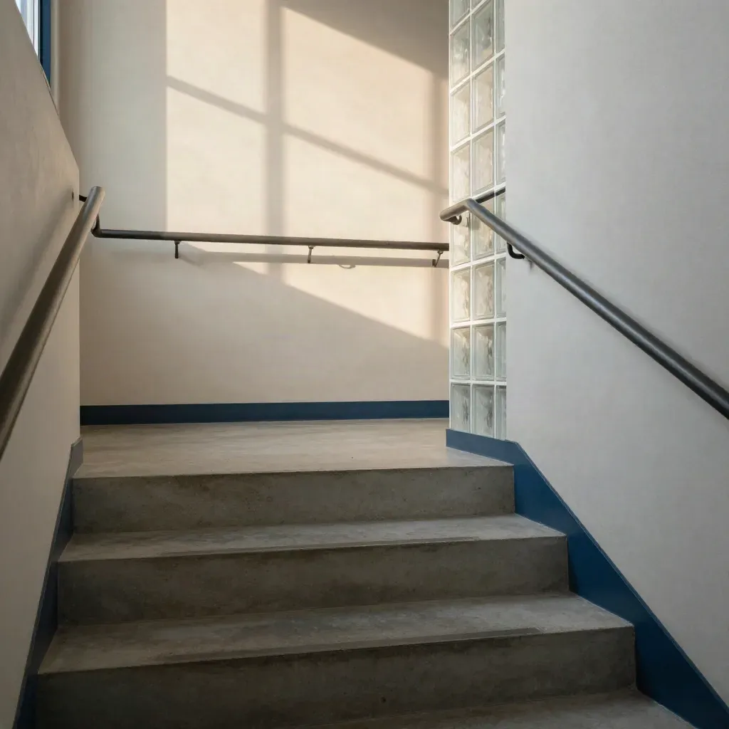 Sunlit concrete stair landing with pale walls, window-shadow grid, and one glass block.