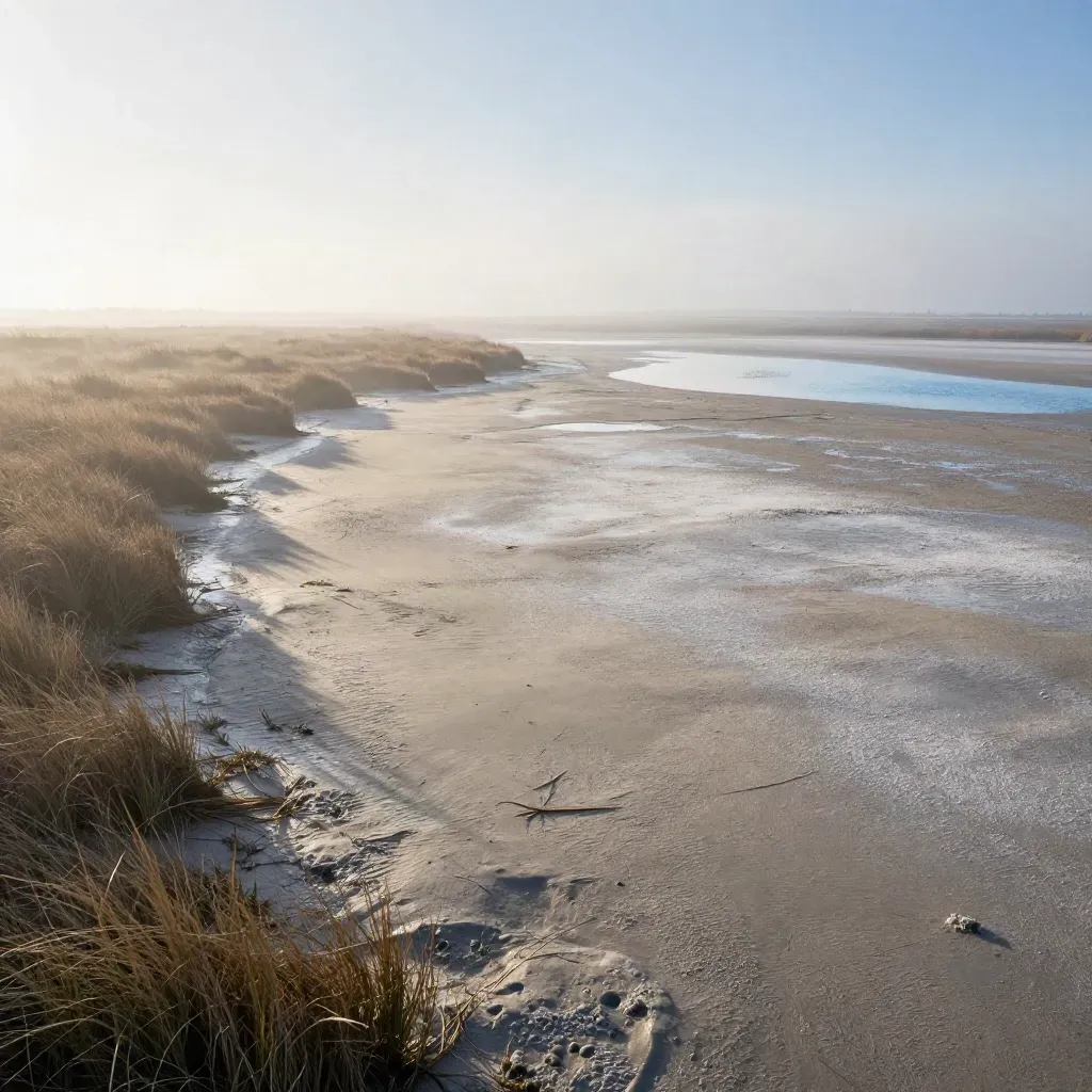 Misty salt marsh at dawn with tidal channels and a reflective puddle near the horizon.