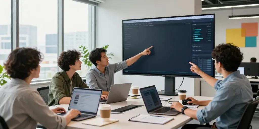 Marketing team brainstorming instant indexing strategies in a modern office.