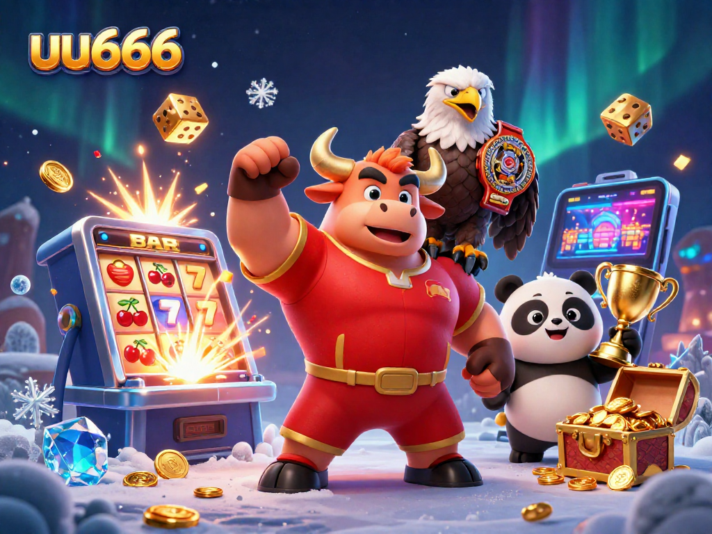 uu666 celebrates big wins with an energetic scene featuring a muscular bull mascot, an eagle, and a panda amidst casino games.