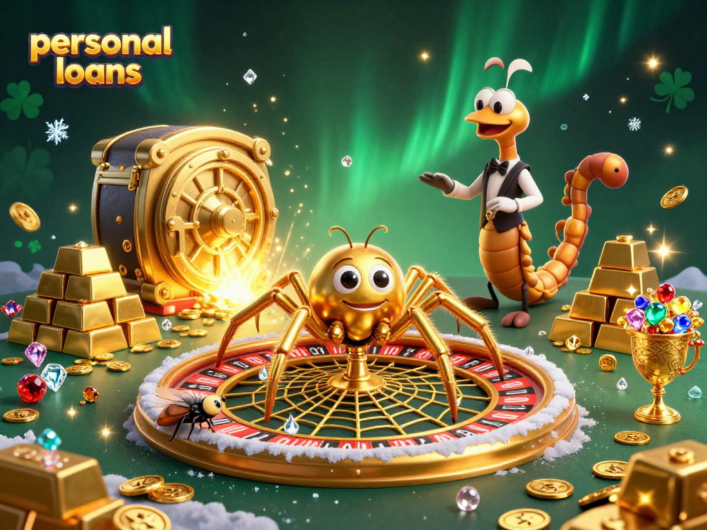 Spinning the web of personal loans with a vibrant casino scene of excitement and wealth.