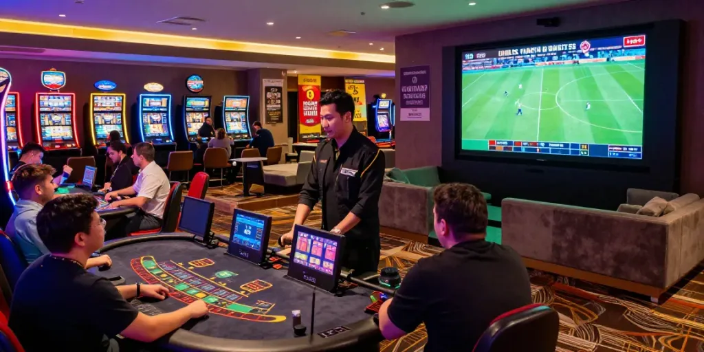 Engaging SIN88 online casino scene showcasing players at a lively blackjack table and interactive sports betting screens, reflecting vibrant energy.