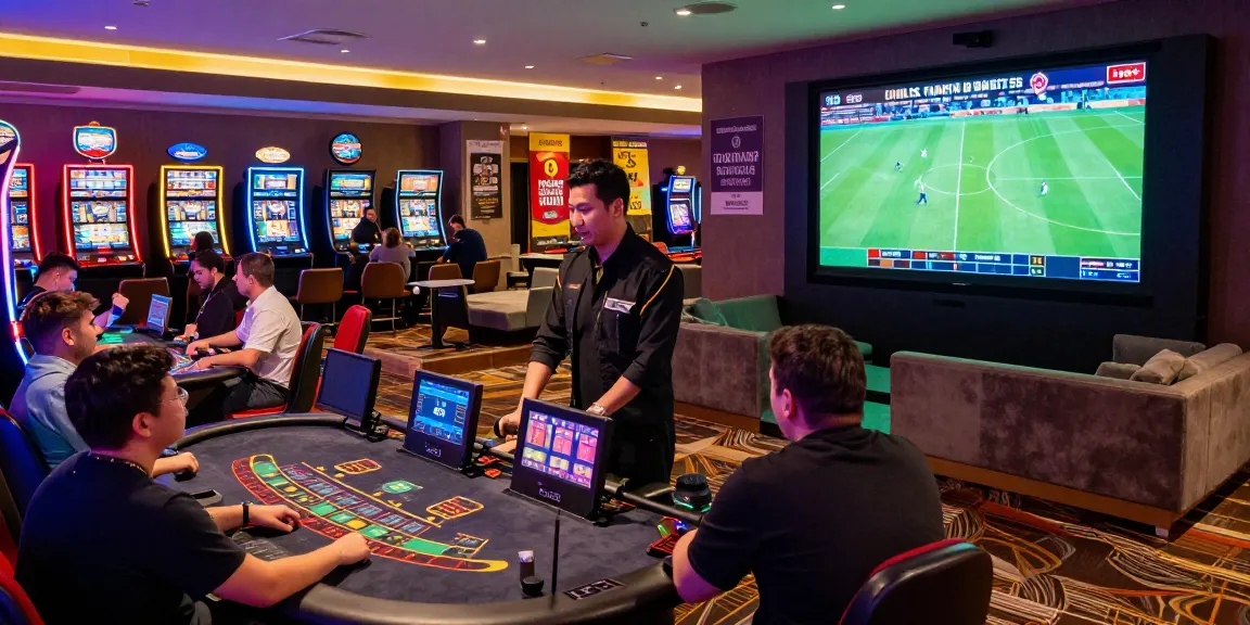 Engaging SIN88 online casino scene showcasing players at a lively blackjack table and interactive sports betting screens, reflecting vibrant energy.